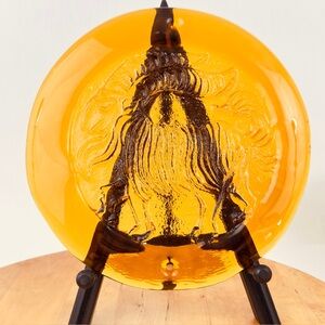 Vintage Mid-Century Modern Blenko Amber Glass ‘Ram’ Suncatcher Heavy Art Glass